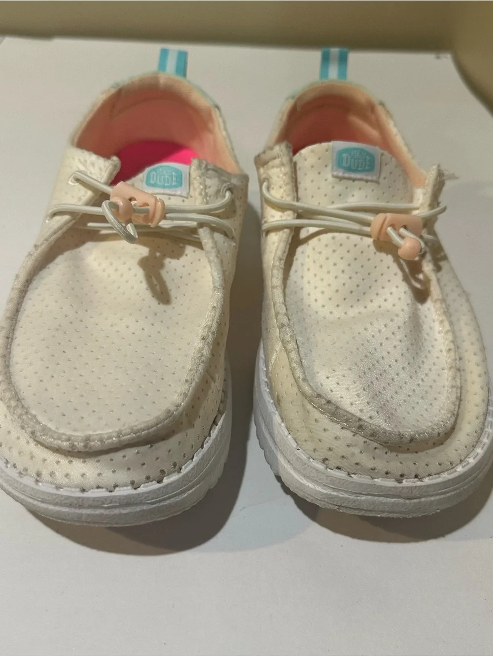 Hey Dude Women’s cream Sneakers with Coral Pink Insoles